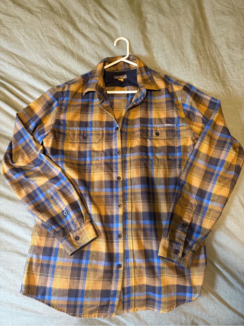 Eddie Bauer Yellow and Blue Plaid Casual Button Down Shirt